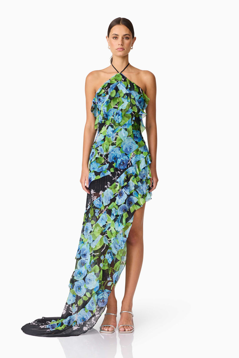 Brunette Model Wearing Briony Asymmetrical Maxi Dress in Black Floral Front Shot