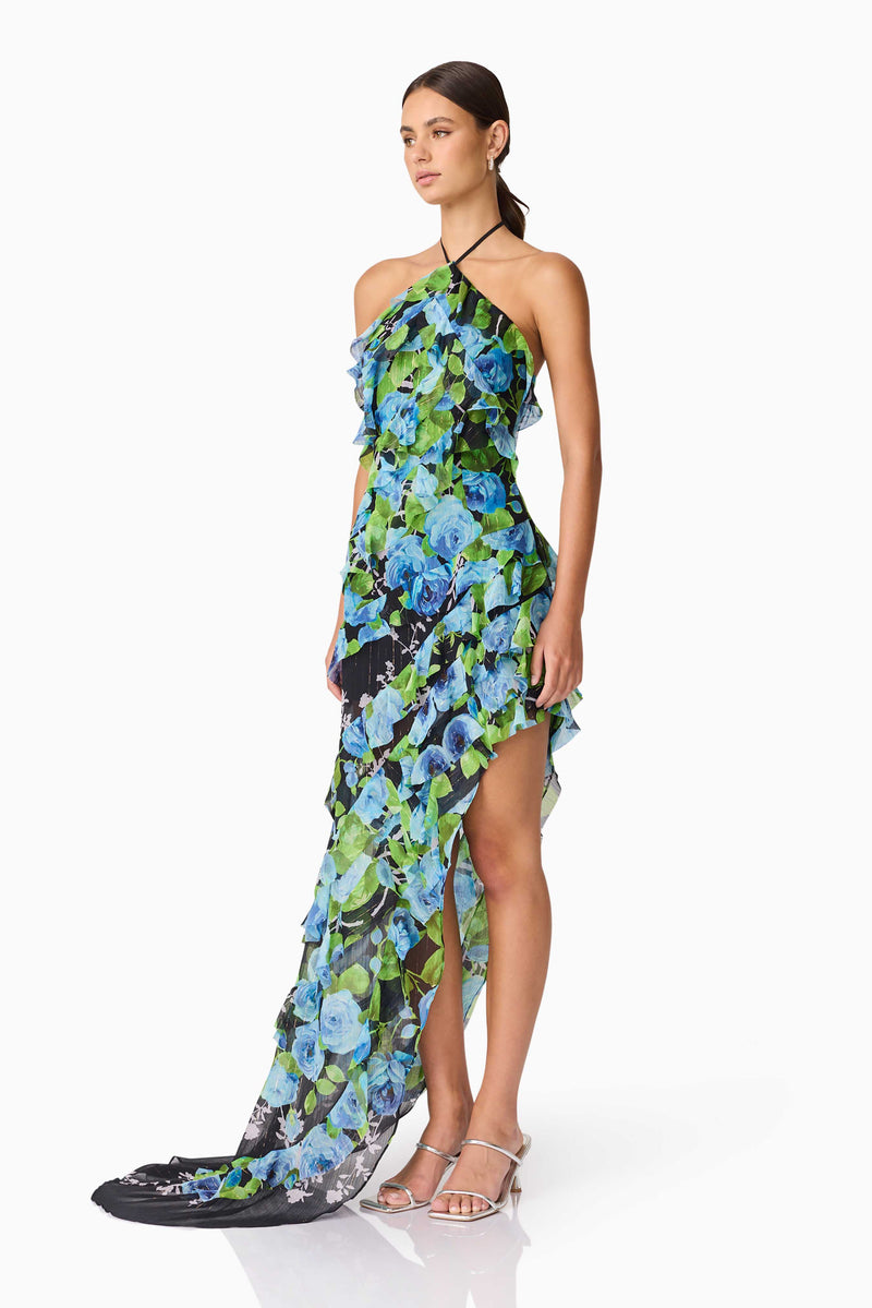 Brunette Model Wearing Briony Asymmetrical Maxi Dress in Black Floral Side Shot