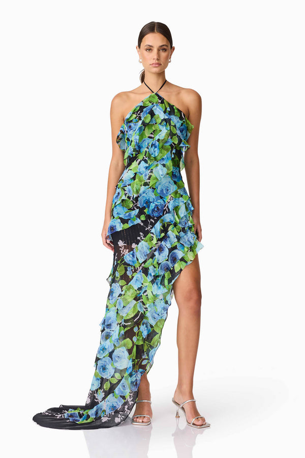 Brunette Model Wearing Briony Asymmetrical Maxi Dress in Black Floral Posed Shot
