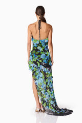 Brunette Model Wearing Briony Asymmetrical Maxi Dress in Black Floral Back Shot