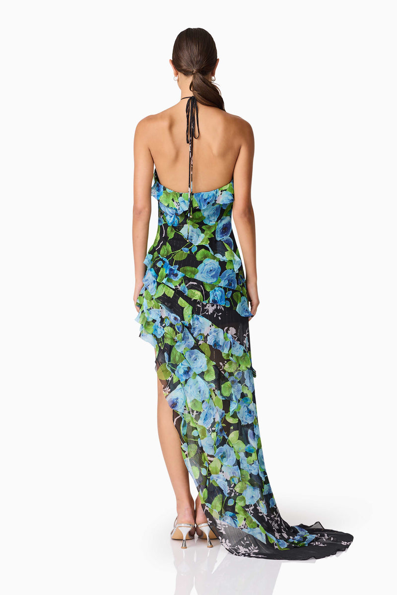 Brunette Model Wearing Briony Asymmetrical Maxi Dress in Black Floral Back Shot