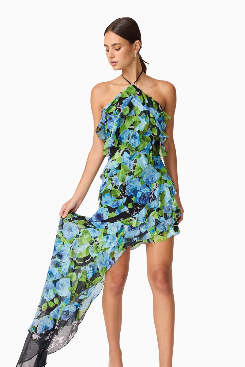 Brunette Model Wearing Briony Asymmetrical Maxi Dress in Black Floral Close Up Shot