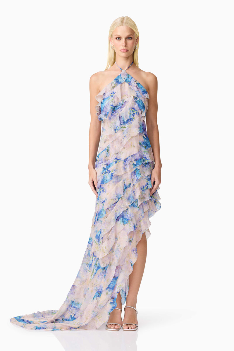 Blonde Model Wearing Briony Asymmetrical Maxi Dress in Floral Front Shot
