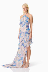 Blonde Model Wearing Briony Asymmetrical Maxi Dress in Floral Side Shot