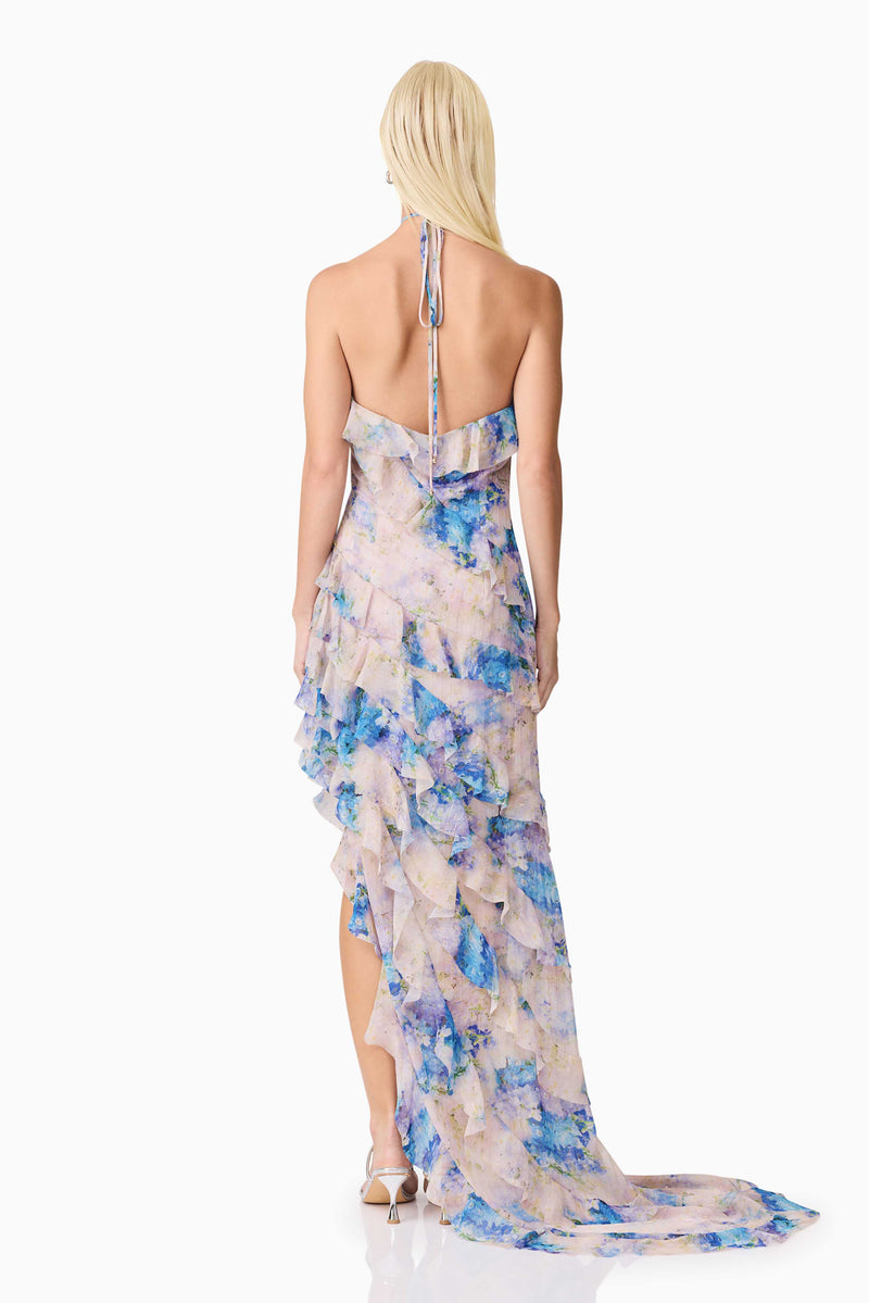 Blonde Model Wearing Briony Asymmetrical Maxi Dress in Floral Back Shot