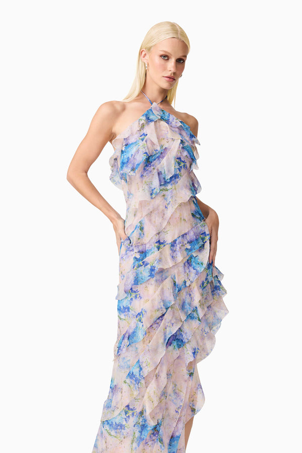 Blonde Model Wearing Briony Asymmetrical Maxi Dress in Floral Close Up Shot