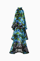 Briony Tiered Gown in Black & Blue Floral ghost shot