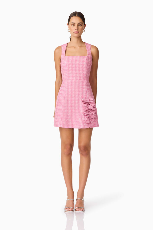 Brunette model wearing Alia A Line Mini Dress in Pink front shot
