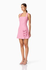 Brunette model wearing Alia A Line Mini Dress in Pink side shot