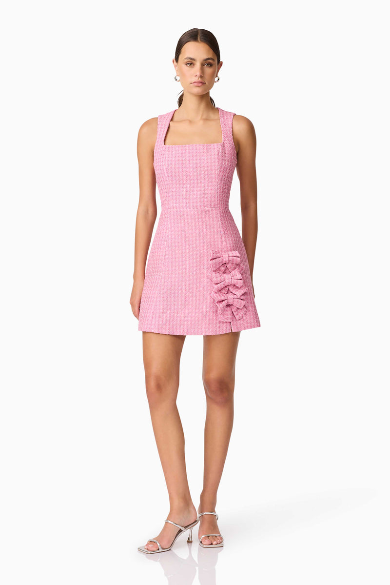 Brunette model wearing Alia A Line Mini Dress in Pink posed shot