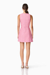 Brunette model wearing Alia A Line Mini Dress in Pink back shot