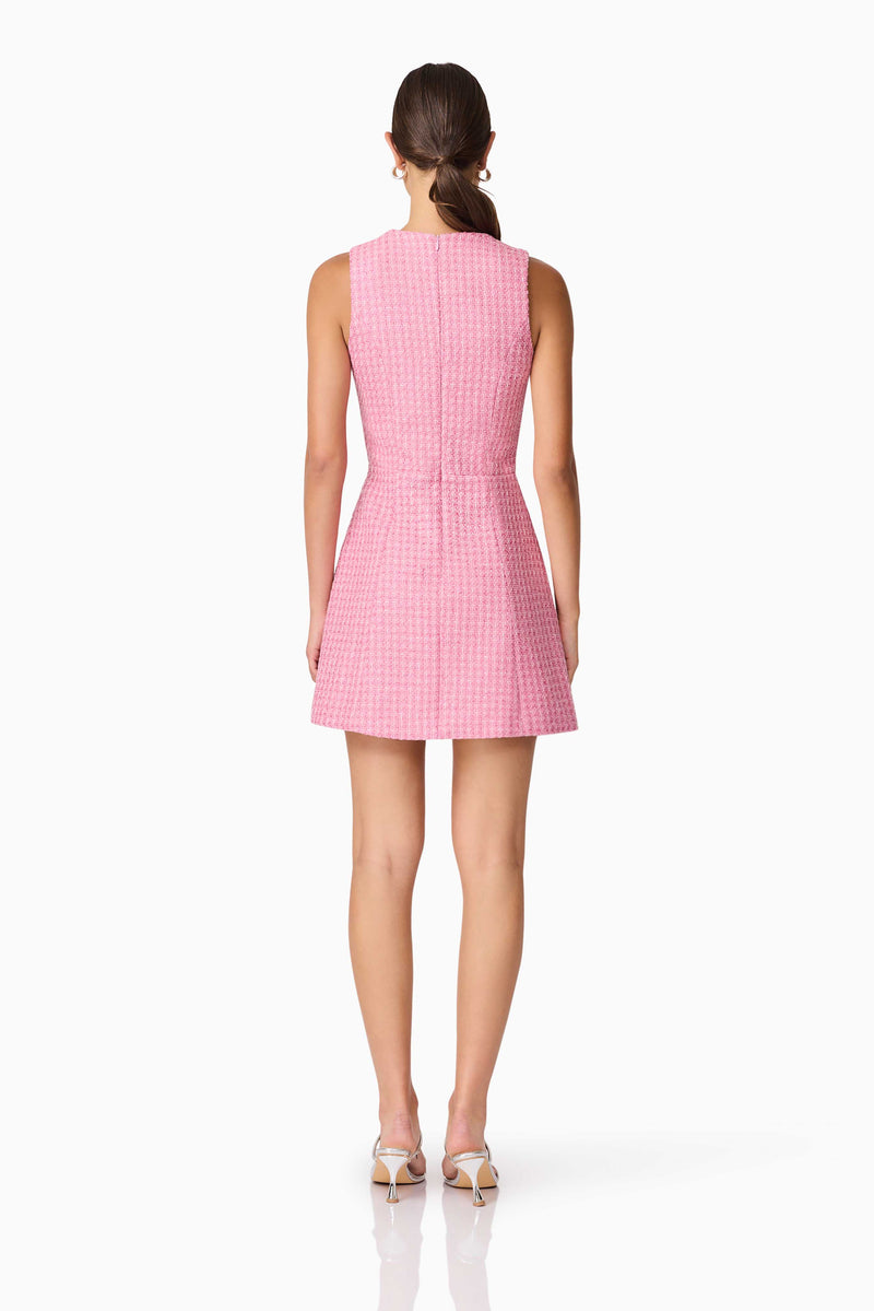 Brunette model wearing Alia A Line Mini Dress in Pink back shot