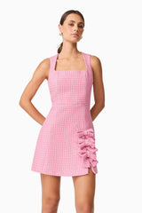 Brunette model wearing Alia A Line Mini Dress in Pink close up shot