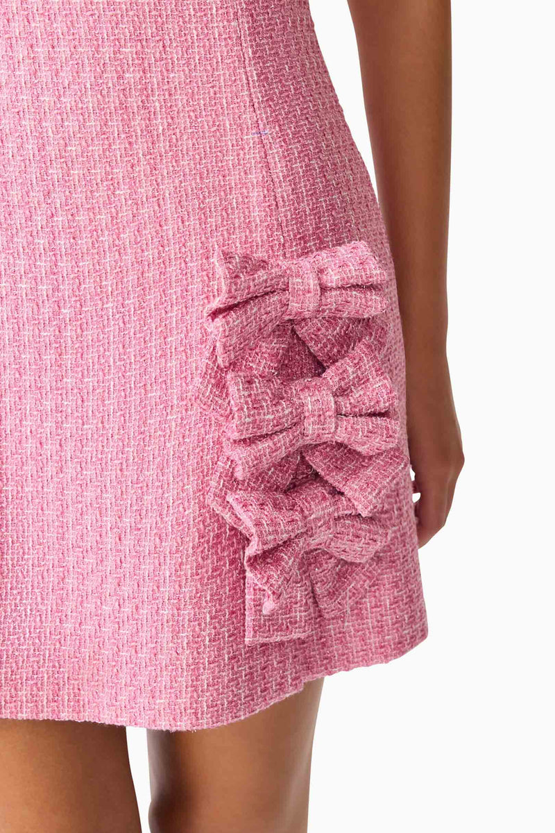 Brunette model wearing Alia A Line Mini Dress in Pink detail shot