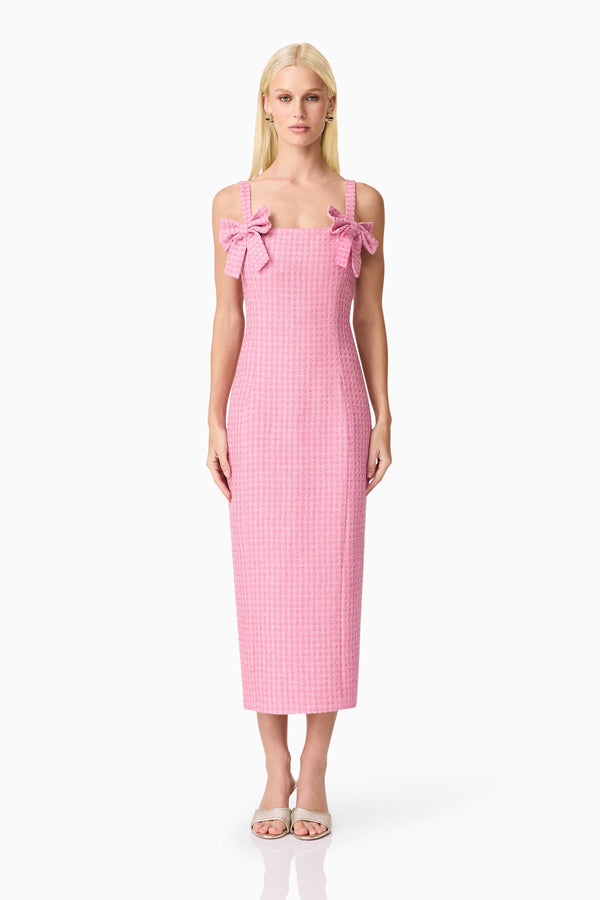 Blonde model wearing Alia Fitted Midi Dress In Pink front shot