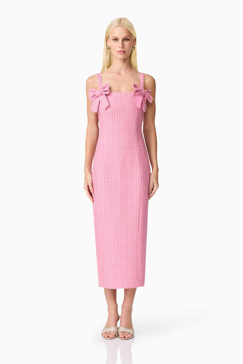 Blonde model wearing Alia Fitted Midi Dress In Pink front shot