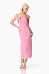 Blonde model wearing Alia Fitted Midi Dress In Pink posed shot