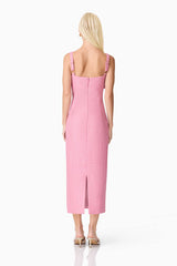 Blonde model wearing Alia Fitted Midi Dress In Pink back shot