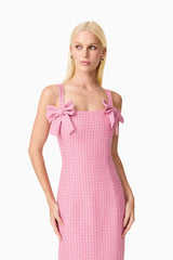 Blonde model wearing Alia Fitted Midi Dress In Pink close up shot