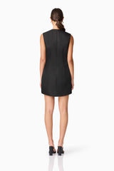 Brunette model wearing Ursula Mini Shift Dress in Black back shot