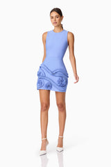 Brunette model wearing Sonya Tulip Mini Dress in Blue posed shot