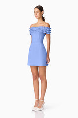 Brunette model wearing Sonya Off The Shoulder Mini Dress in Blue side shot