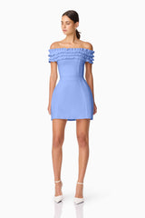 Brunette model wearing Sonya Off The Shoulder Mini Dress in Blue posed shot