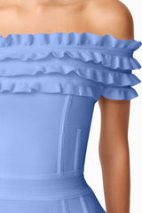 Brunette model wearing Sonya Off The Shoulder Mini Dress in Blue detail shot