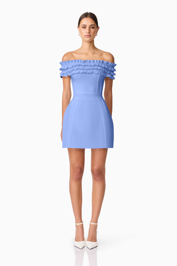 Brunette model wearing Sonya Off The Shoulder Mini Dress in Blue front shot