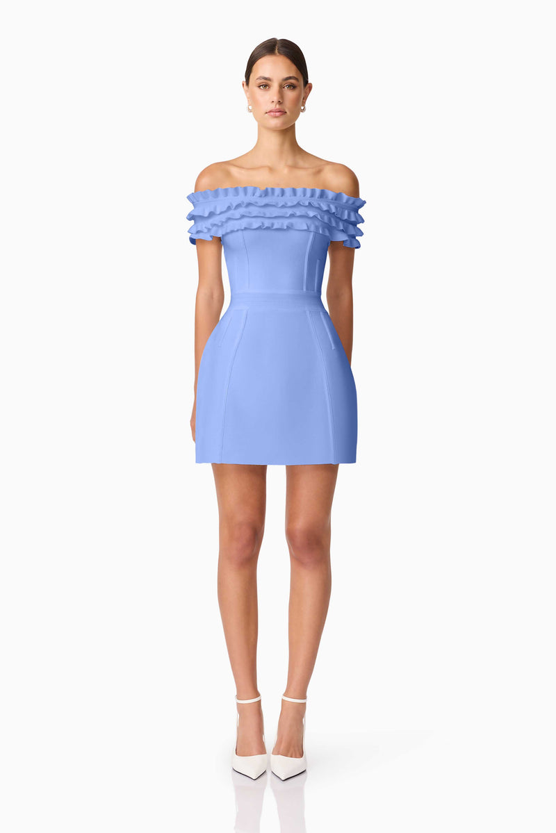 Brunette model wearing Sonya Off The Shoulder Mini Dress in Blue front shot