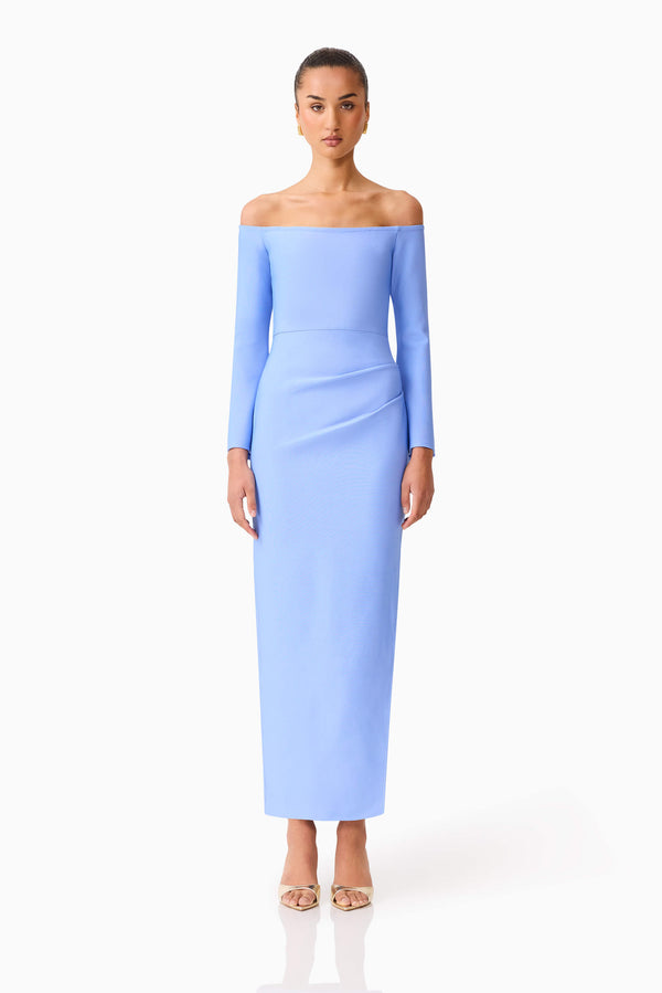 Brunette model wearing Sonya Long Sleeve Midi Dress in Blue front shot