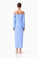 Brunette model wearing Sonya Long Sleeve Midi Dress in Blue back shot