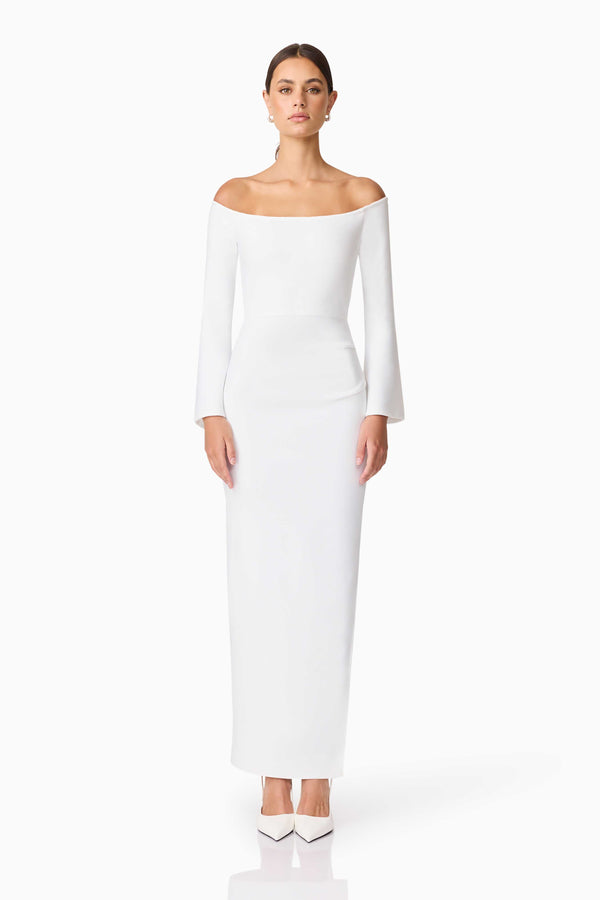Brunette model wearing Sonya Long Sleeve Midi Dress in White front shot
