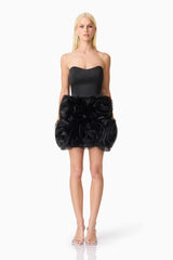 Blonde model wearing Asher Strapless Mini Dress in Black front shot