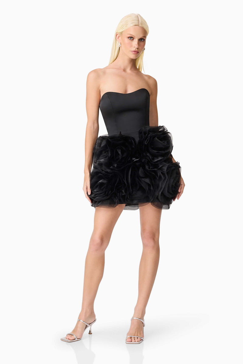 Blonde model wearing Asher Flower Mini Dress in Black front shot posed