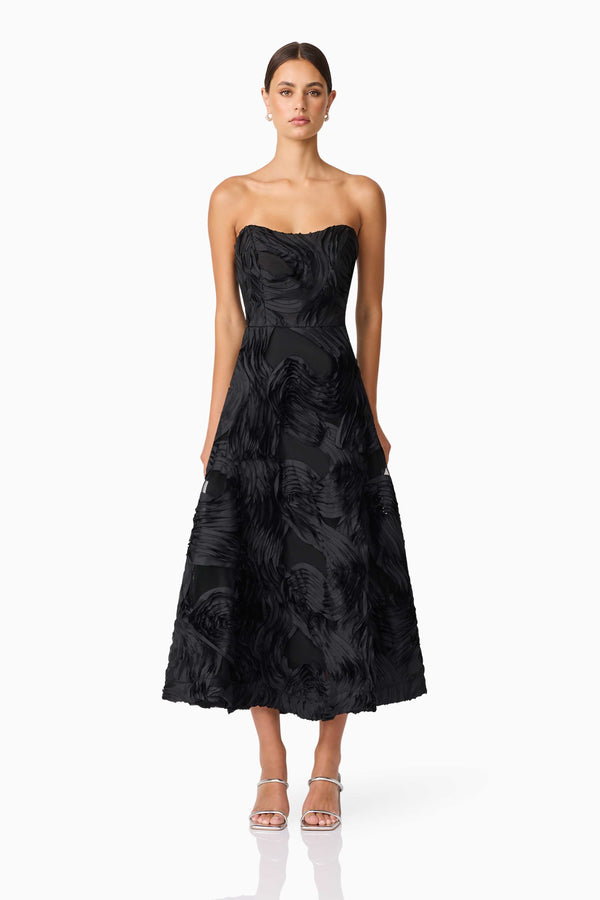 Brunette model wearing Asher Sweetheart Midi Dress in Black front shot