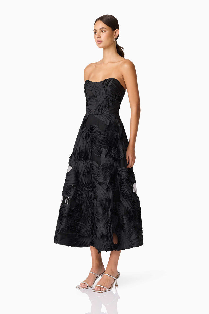 Brunette model wearing Asher Sweetheart Midi Dress in Black side shot