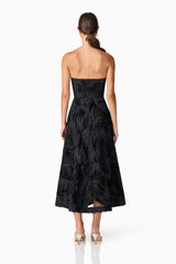 Brunette model wearing Asher Sweetheart Midi Dress in Black back shot