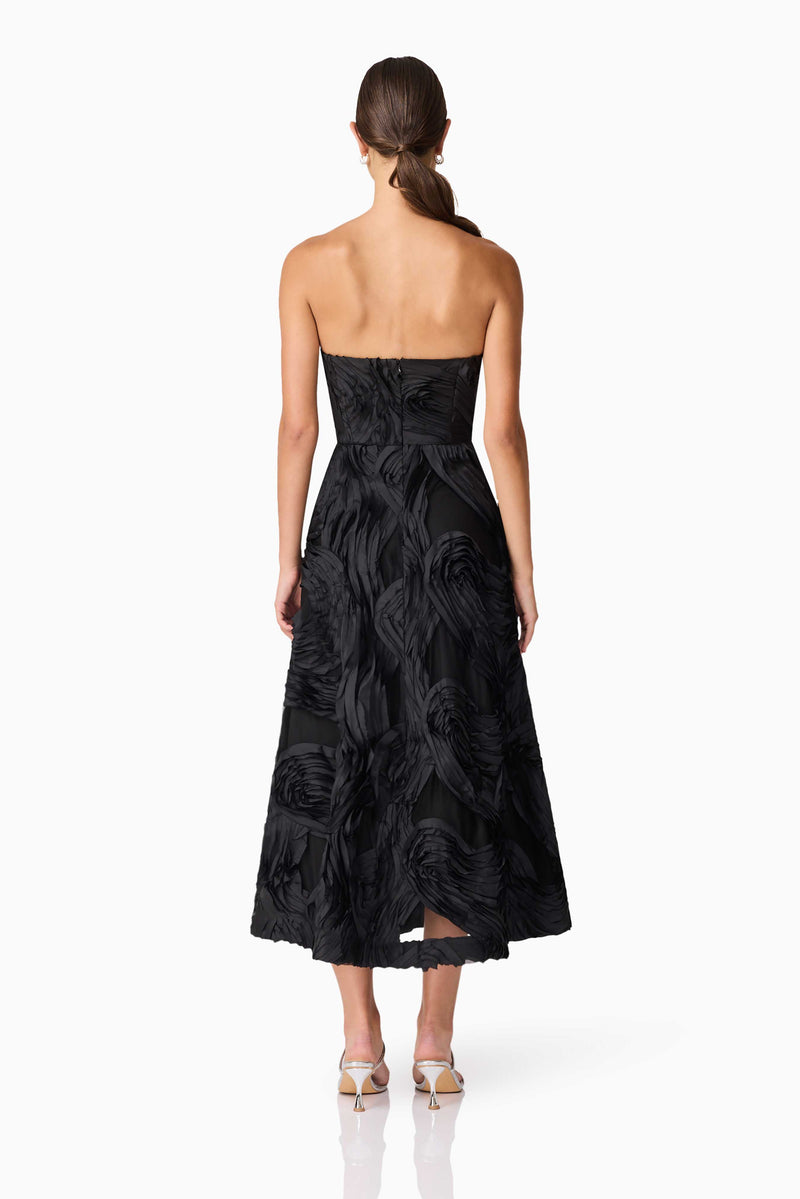 Brunette model wearing Asher Sweetheart Midi Dress in Black back shot