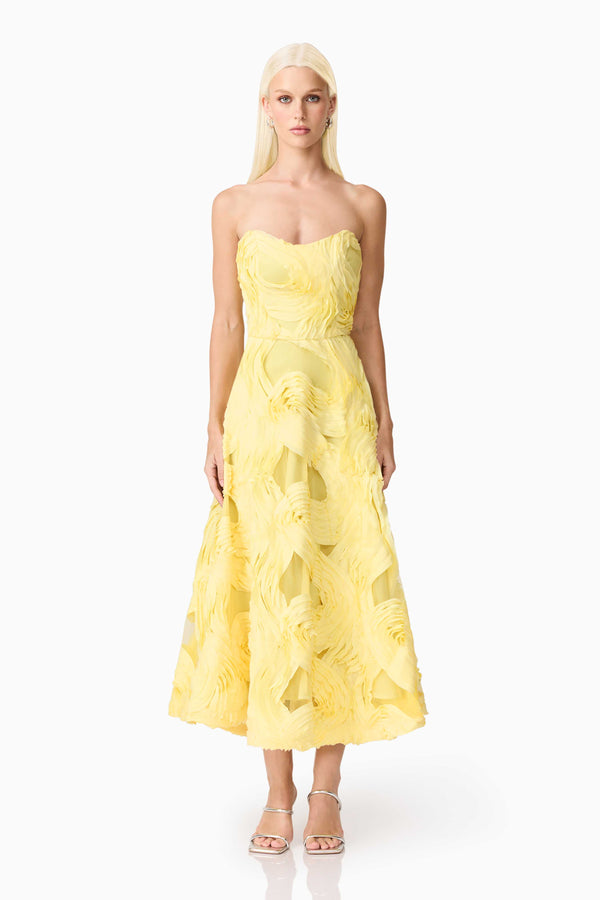 Blonde model wearing Asher Sweetheart Midi Dress in Yellow front shot
