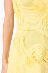 Blonde model wearing Asher Sweetheart Midi Dress in Yellow detailing shot