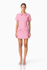 Brunette model wearing Alia Short Sleeve Mini Dress in Pink front shot