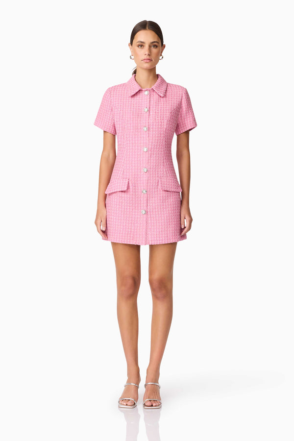 Brunette model wearing Alia Short Sleeve Mini Dress in Pink front shot