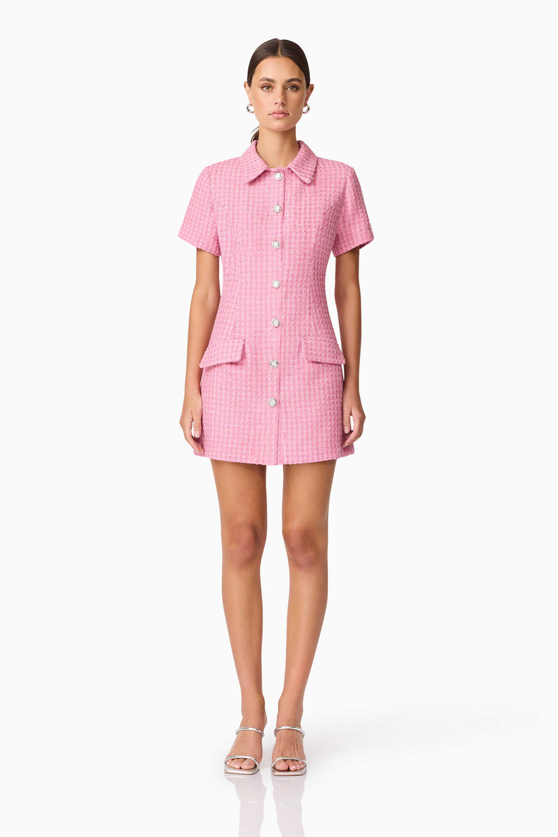 Brunette model wearing Alia Short Sleeve Mini Dress in Pink front shot