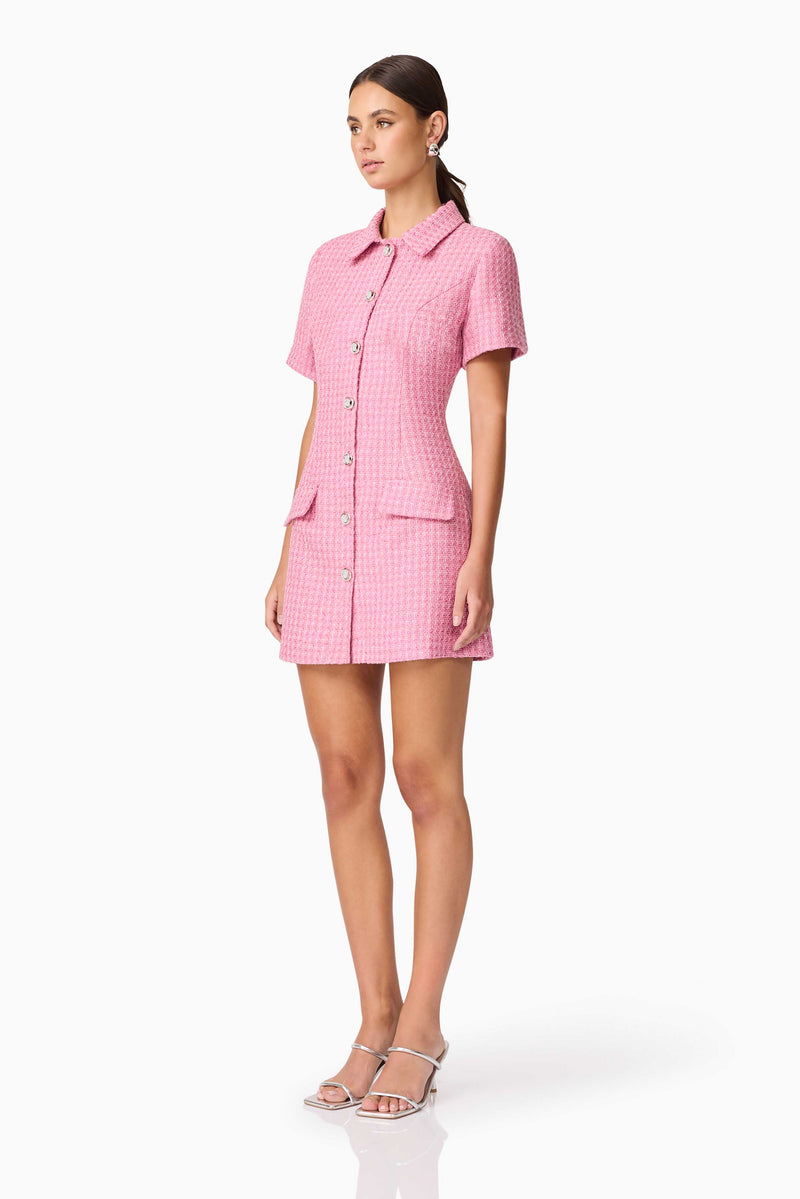 Brunette model wearing Alia Short Sleeve Mini Dress in Pink posed shot