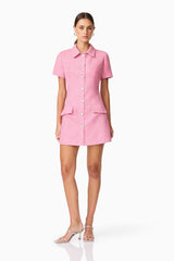 Brunette model wearing Alia Short Sleeve Mini Dress in Pink posed shot