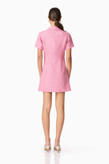 Brunette model wearing Alia Short Sleeve Mini Dress in Pink back shot