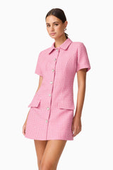 Brunette model wearing Alia Short Sleeve Mini Dress in Pink close up side shot