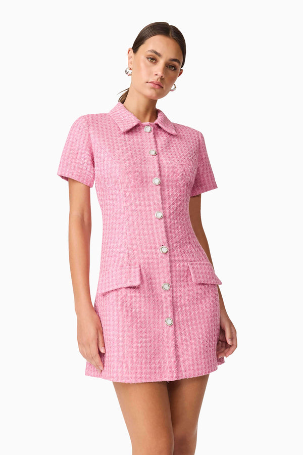 Brunette model wearing Alia Short Sleeve Mini Dress in Pink close up shot