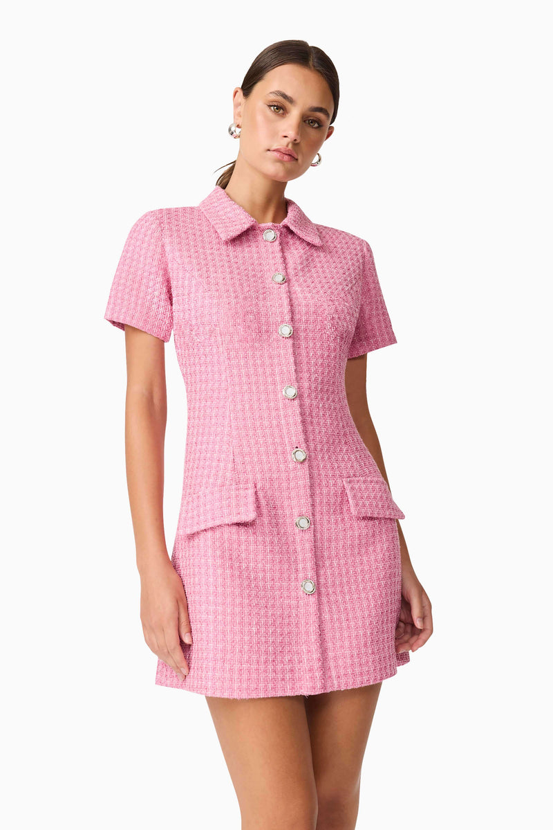 Brunette model wearing Alia Short Sleeve Mini Dress in Pink close up shot